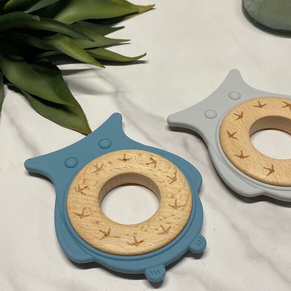 Woodland Owl Baby Teether Toys Set of 2, Gray, Blue, Sensory Baby Toy, Woodland - Picture 3 of 3